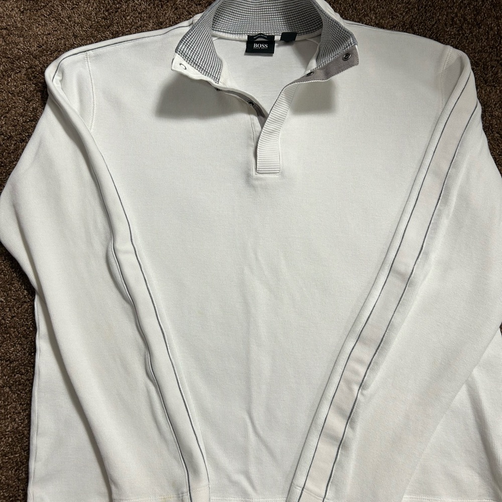 BOSS HUGO BOSS Men's Knit Collared Pullover Sweater Snap Button White Gray XL